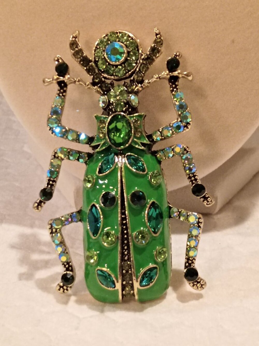 Beetle Brooch Green Rhinestones ABs Enamel Huge